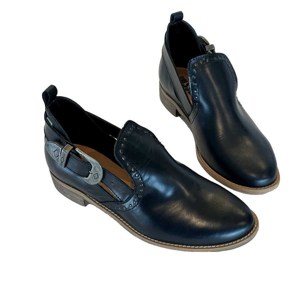Musse & Cloud Western Ankle Booties Black Leather EU 37 US 6 Buckles NEW Cowgirl